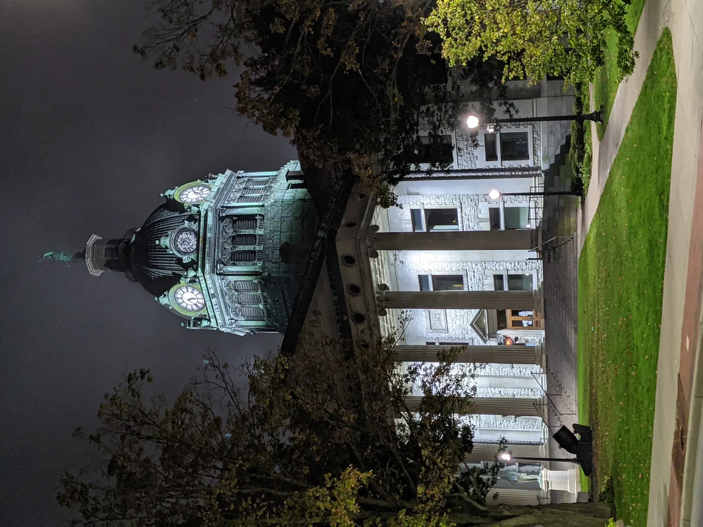 Broome County Courthouse illuminated at night